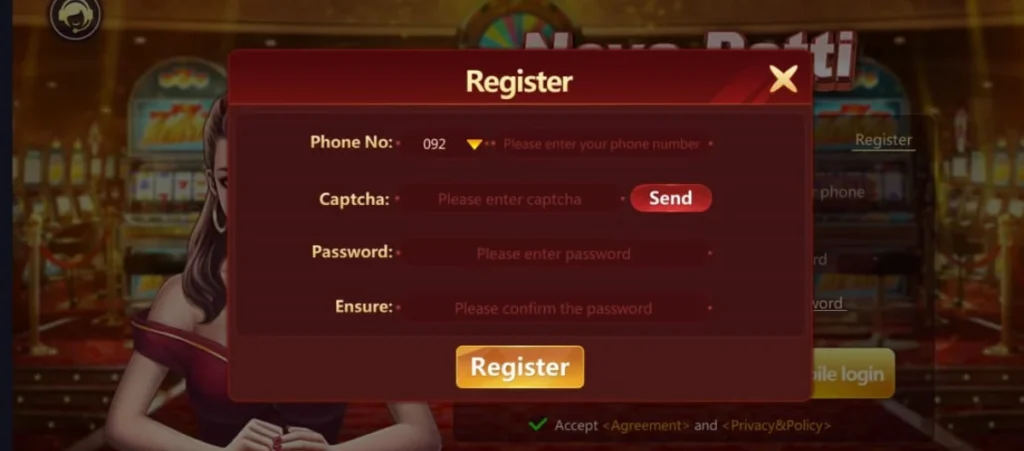 how to register, Nova Patti game registration screen with fields for phone number, captcha, password, and confirmation.