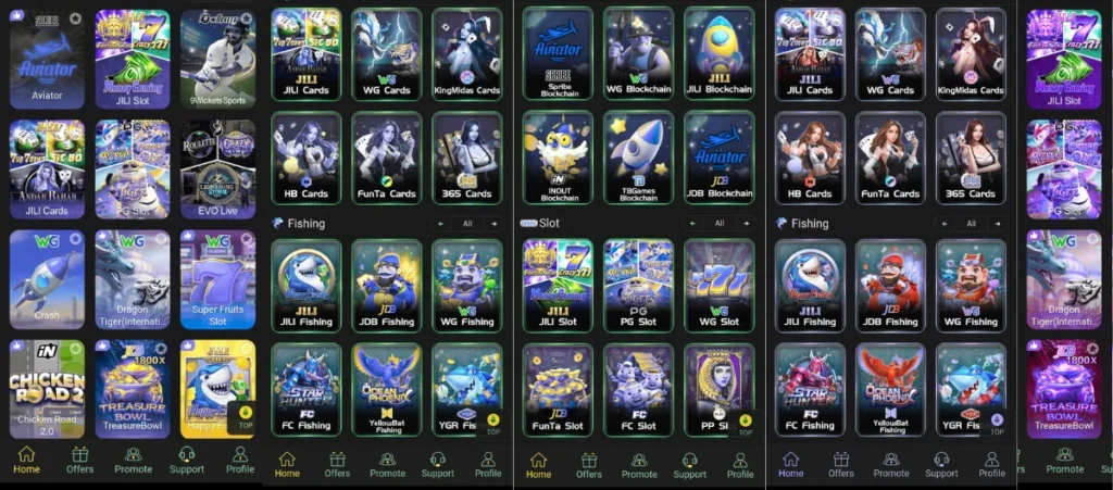 Mobile casino gaming app interface showing slot games, card games, fishing games, and blockchain-based options.