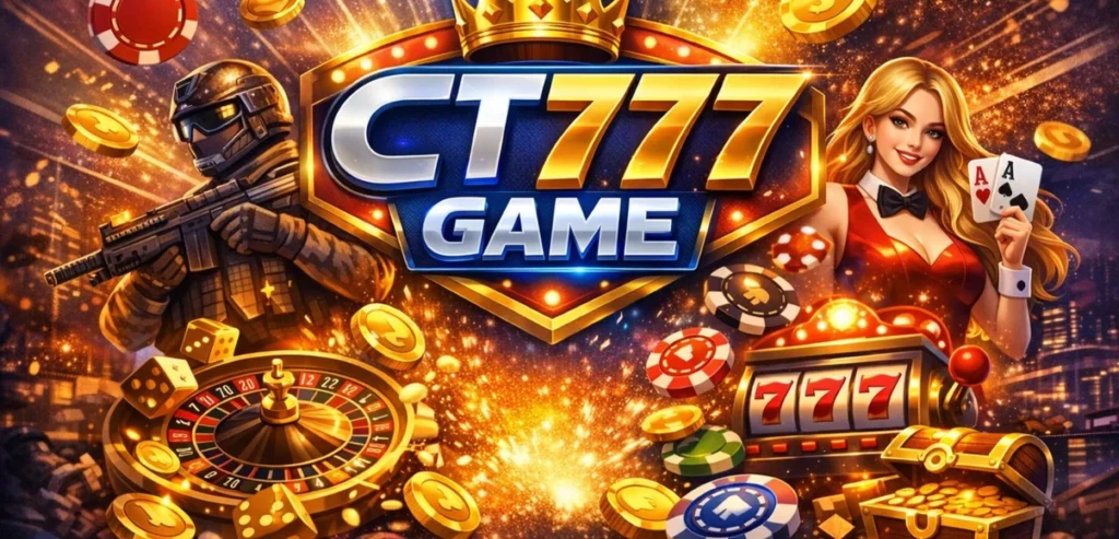 CT777 Game banner image showing casino-style logo with coins, roulette, dice, cards, and slot machine graphics for online gaming app promotion